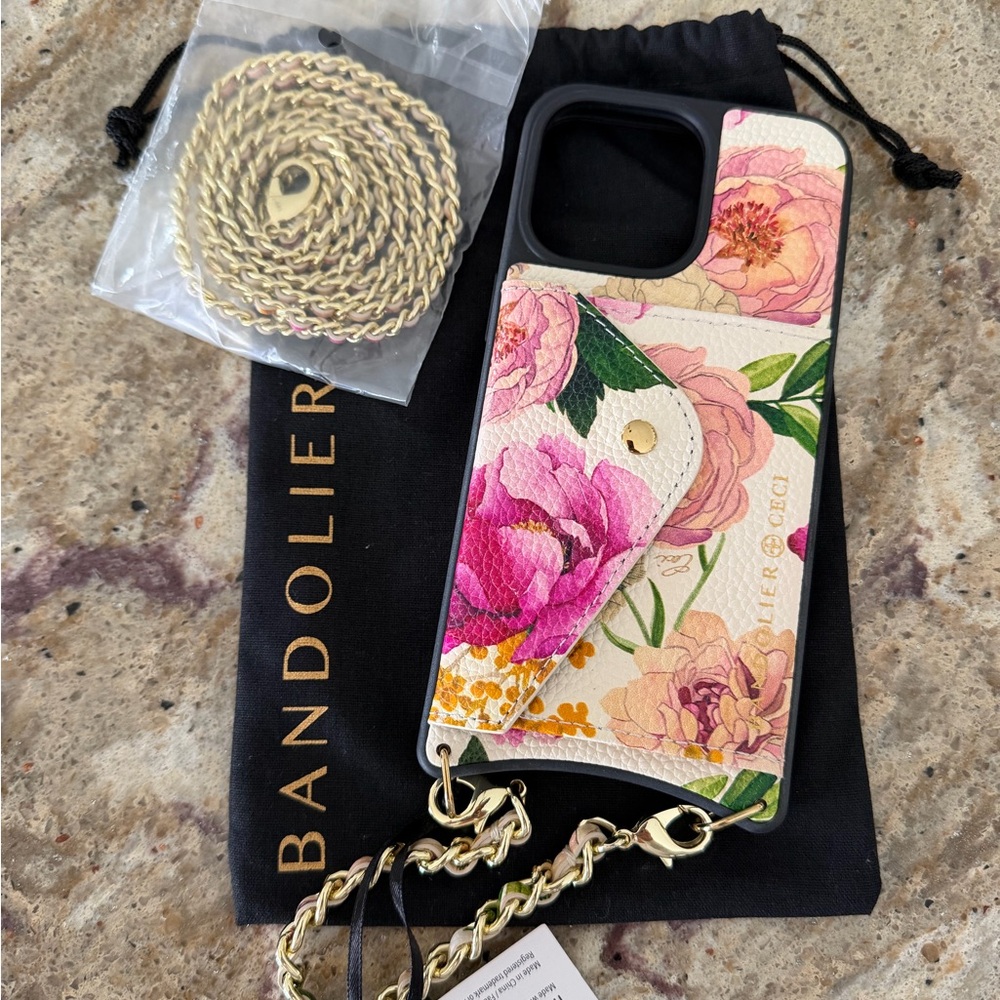 Bandolier-Lily-iPhone 15 Pro Max-Ceci Ivory Floral Gold - NWT